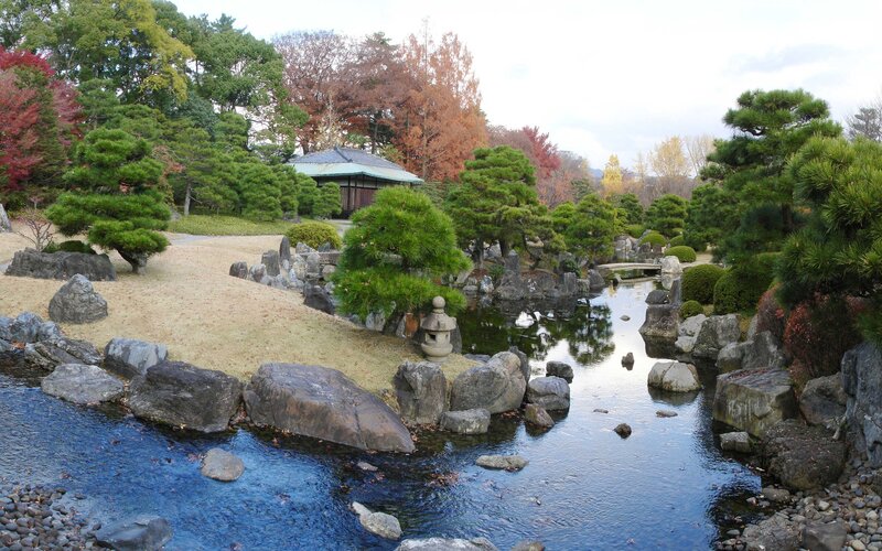 Japanese garden with pond and bridge