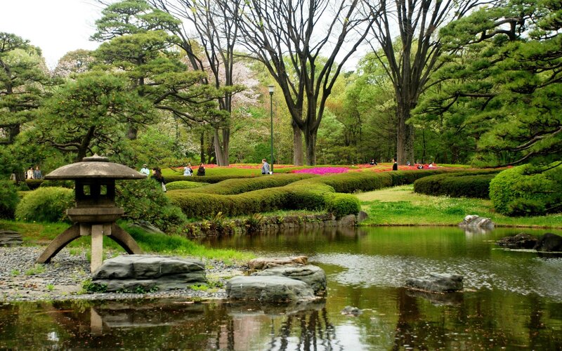Japanese garden with pond and lantern