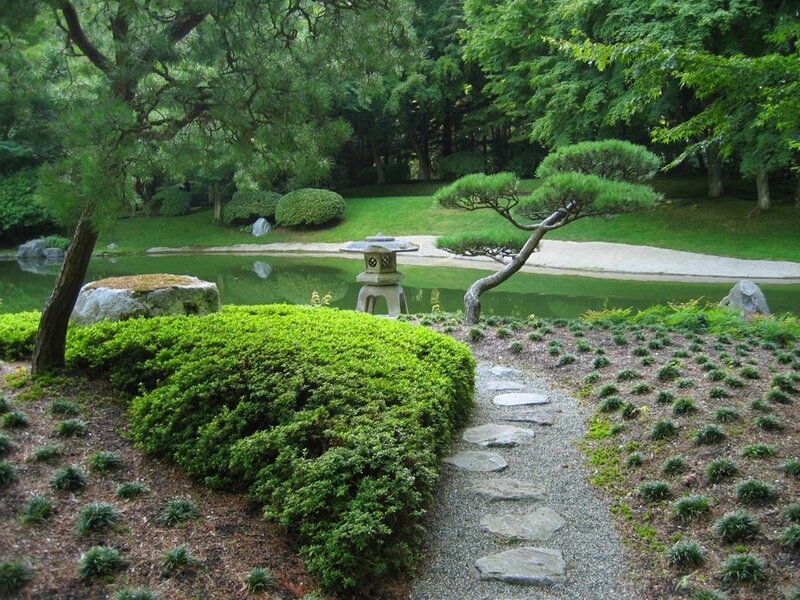 Japanese garden with pond and lantern