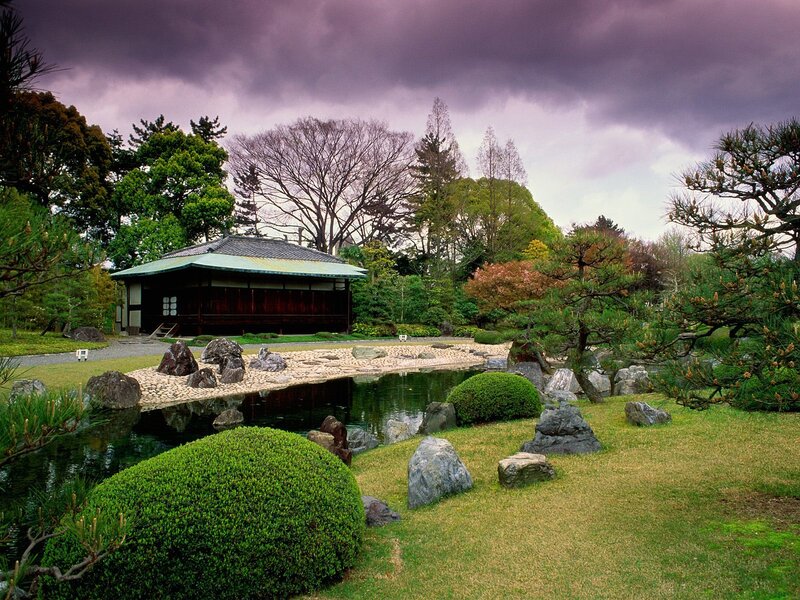 Japanese garden with pond and pavilion