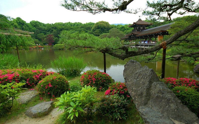 Japanese garden with pond and pavilion
