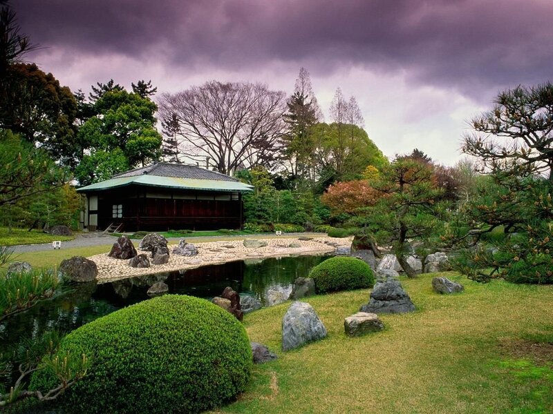 Japanese garden with pond and pavilion