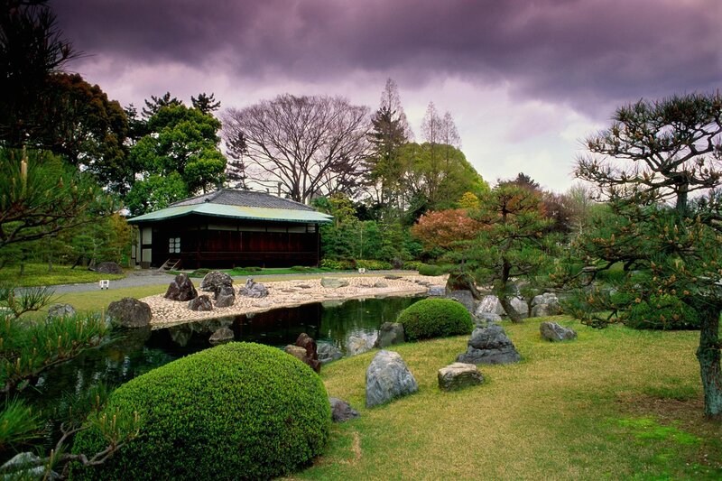 Japanese garden with pond and pavilion