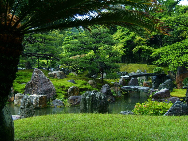 Japanese garden with pond and rocks