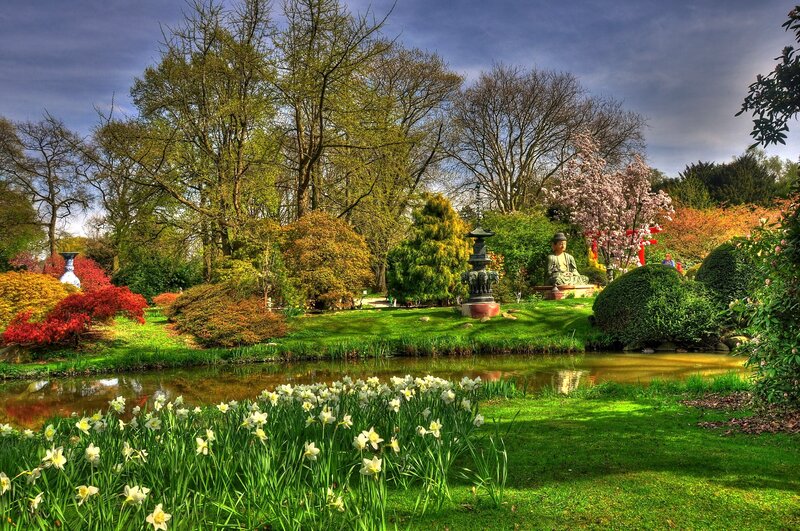 Japanese garden with pond and statue