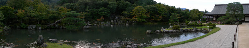 Japanese garden with pond and temple