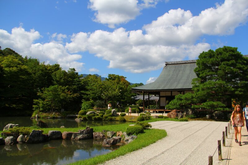 Japanese garden with pond and temple