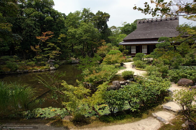 Japanese garden with pond and temple