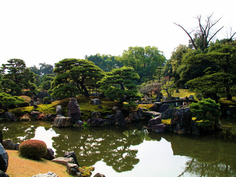 Japanese garden with pond and trees