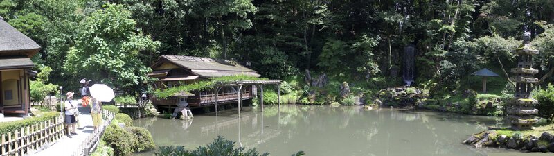 Japanese garden with pond and waterfall