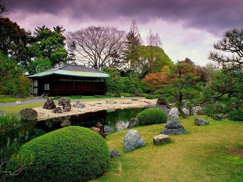 Japanese Garden with Pond — Green, Serene, Spring, Photograph, Building