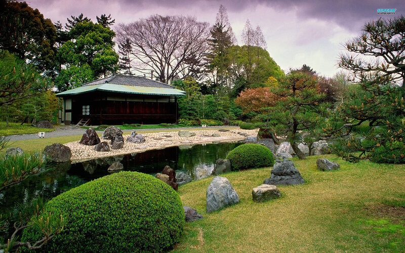 Japanese Garden with Pond — Green, Serene, Spring, Photograph, Building, Trees
