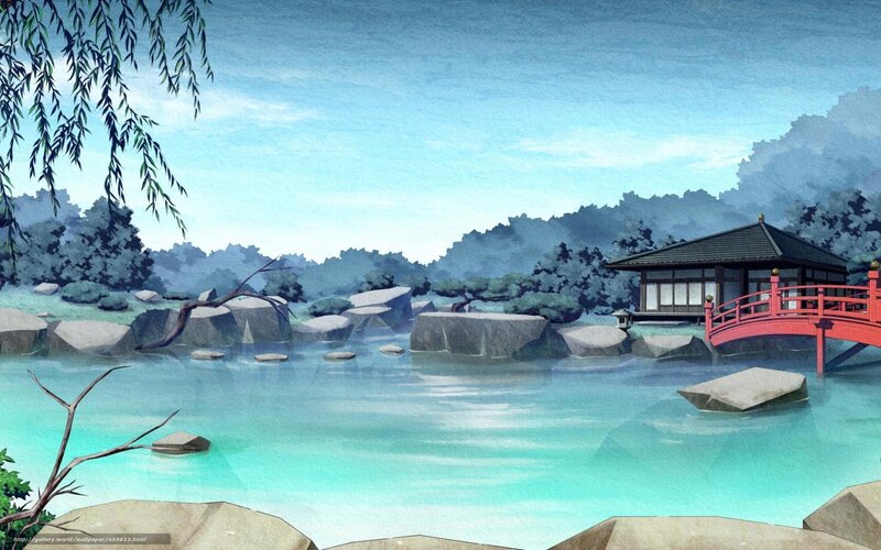 Japanese garden with red bridge
