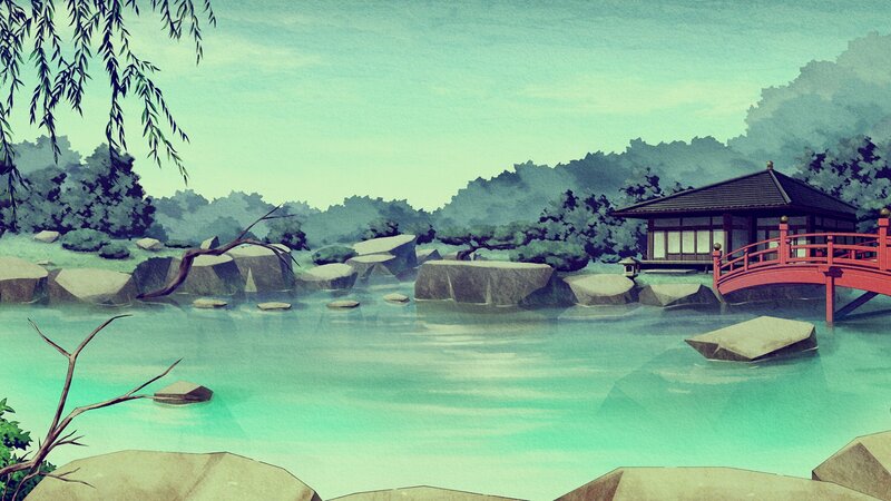 Japanese garden with red bridge