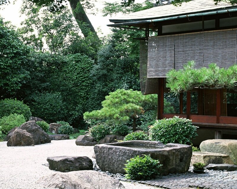 Japanese garden with stone basin