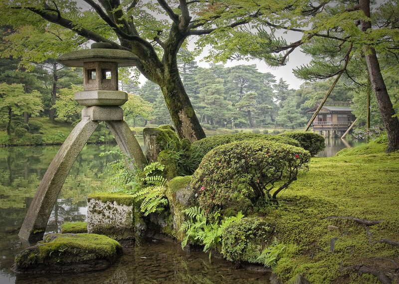 Japanese garden with stone lantern