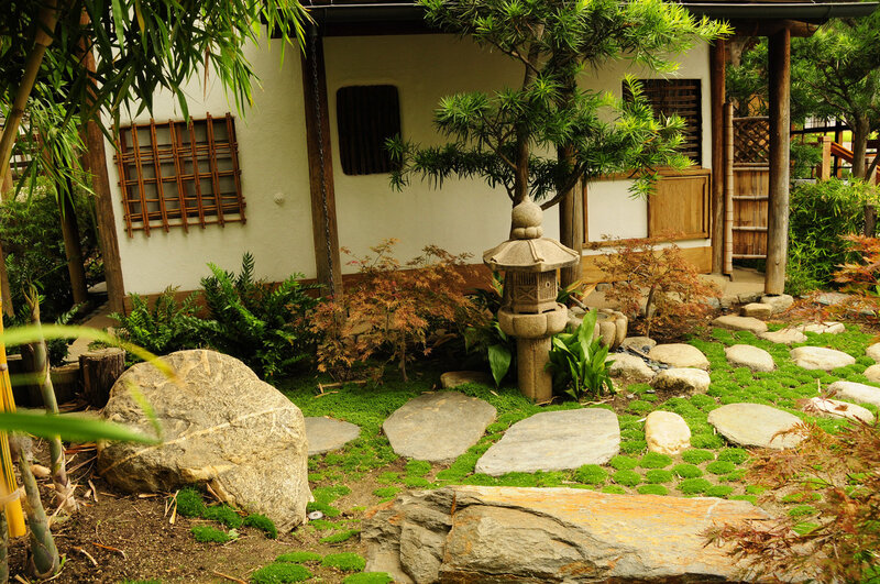 Japanese Garden with Stone Lantern — Green, Serene