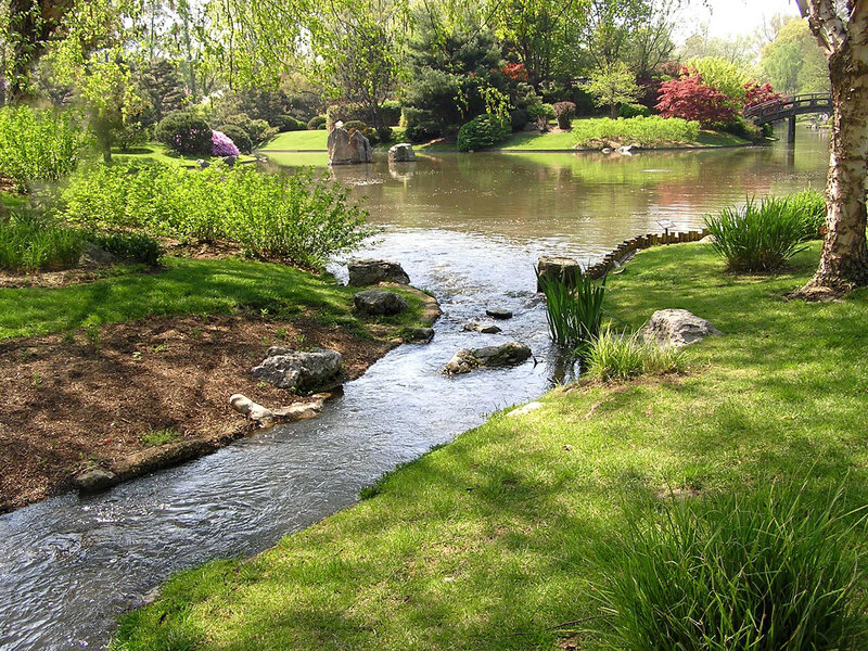 Japanese garden with stream and pond