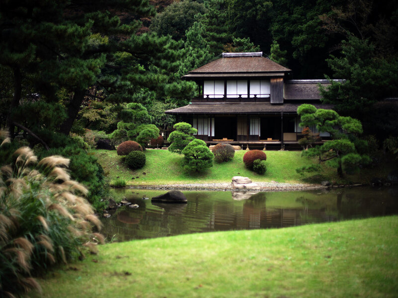 Japanese garden with traditional house