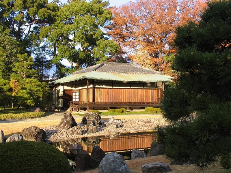 Japanese garden with traditional pavilion