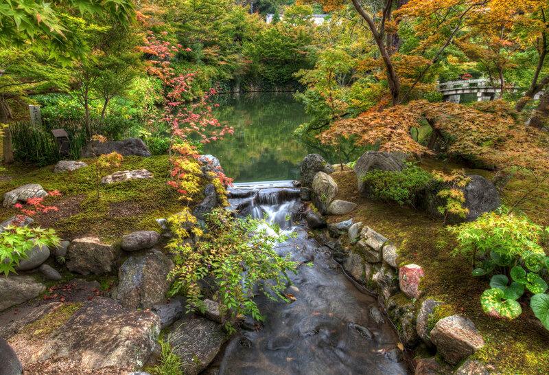 Japanese garden with waterfall