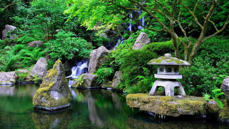 Japanese Garden with Waterfall — Green, Serene