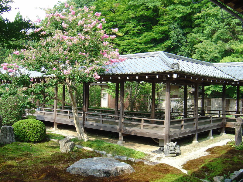 Japanese garden with wooden pavilion