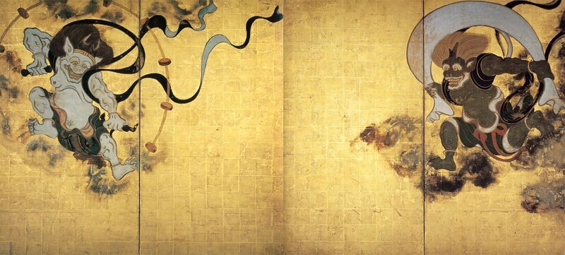 Japanese guardian deities on gold