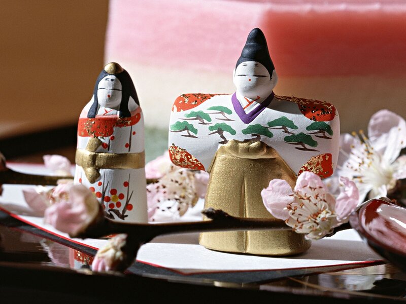 Japanese Hina dolls with cherry blossoms