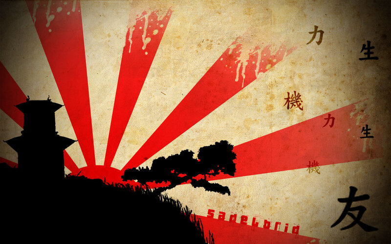 Japanese-inspired art with sun and temple