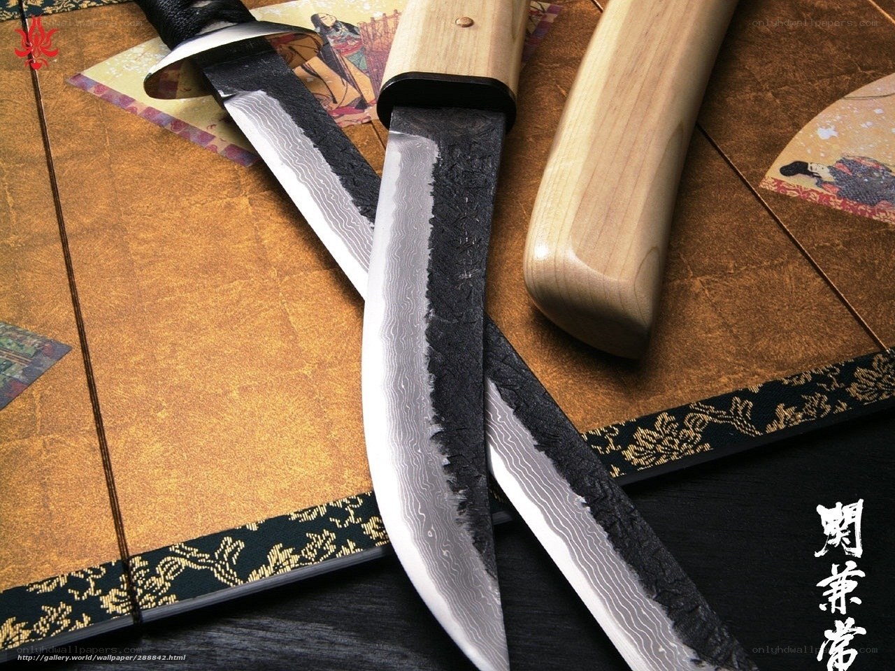 Japanese knives on decorative mat