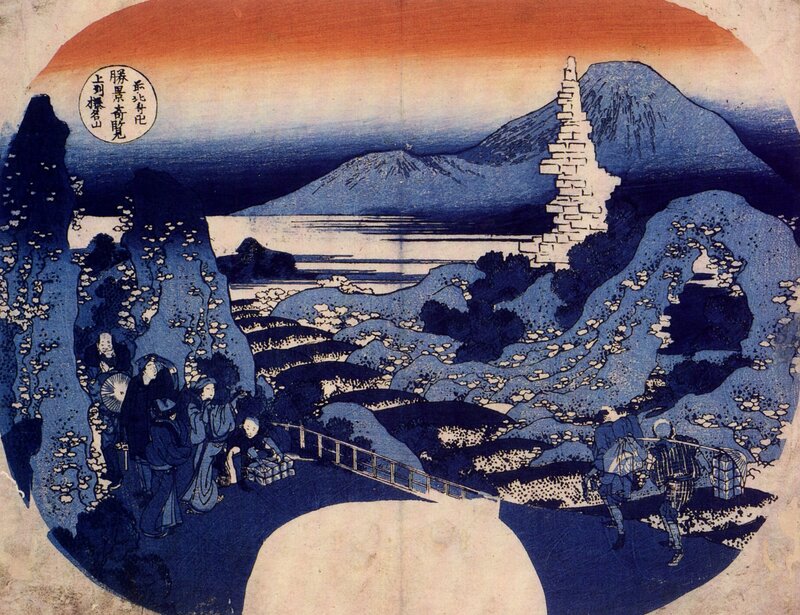 Japanese landscape with travelers