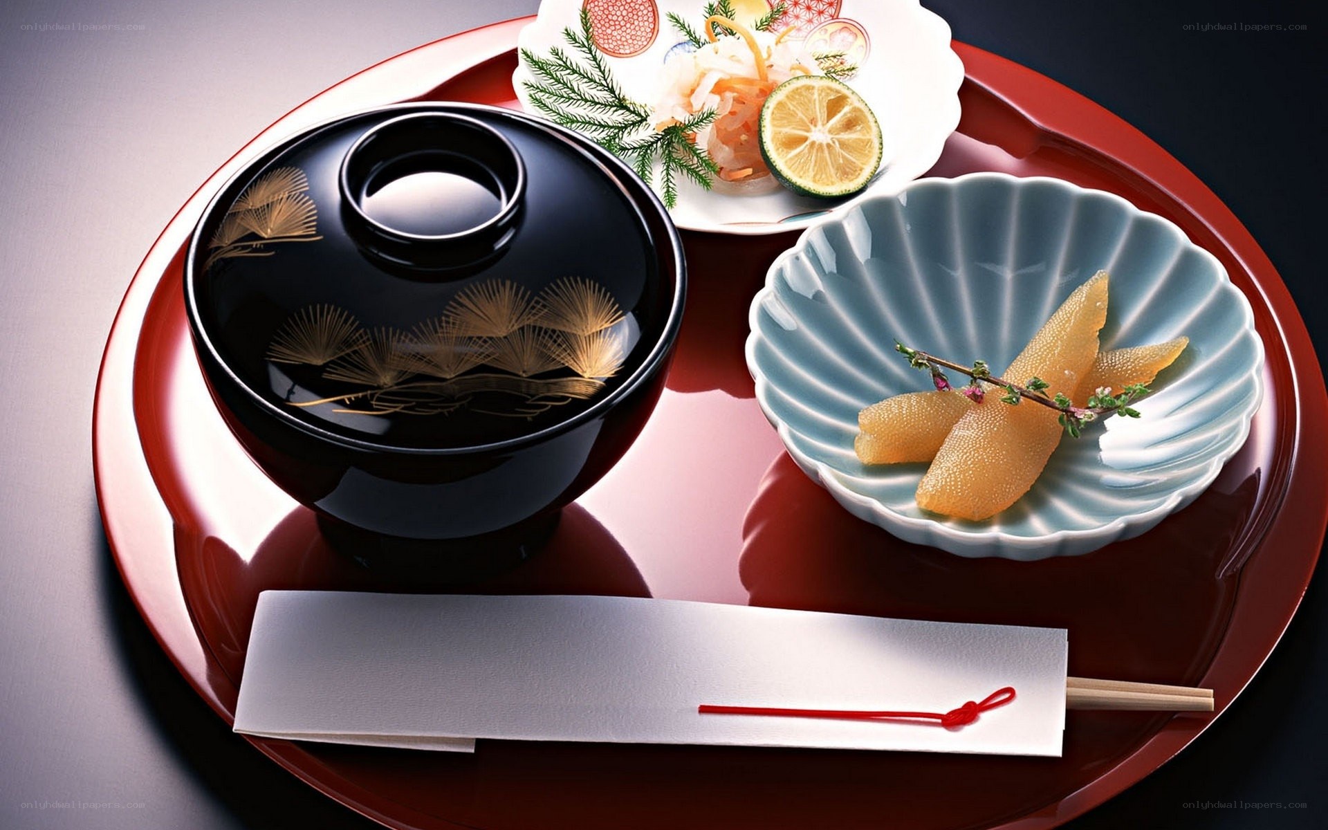 Japanese meal on red tray