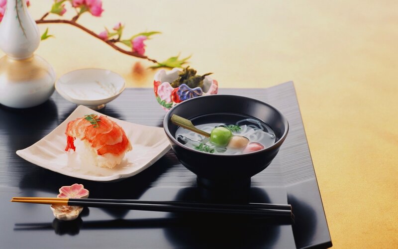 Japanese meal with sushi and soup