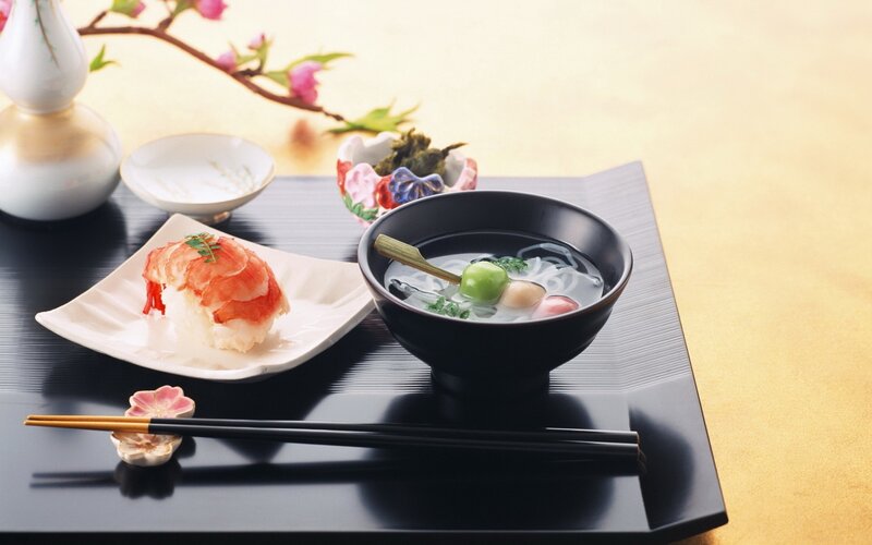Japanese meal with sushi and soup