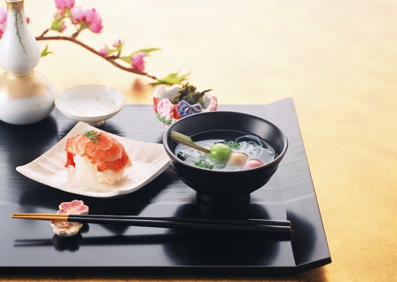 Japanese meal with sushi and soup