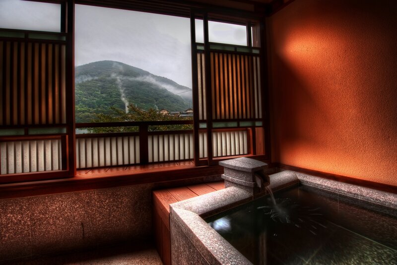 Japanese onsen with mountain view