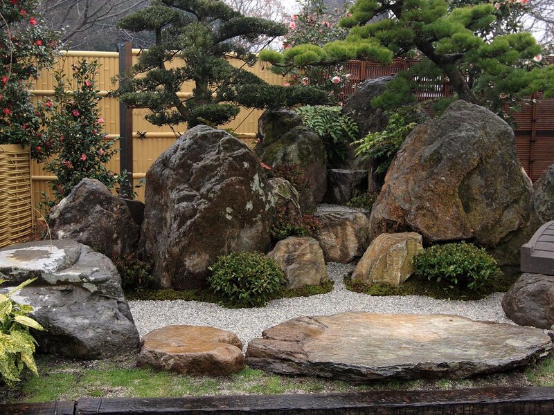 Japanese rock garden with bonsai