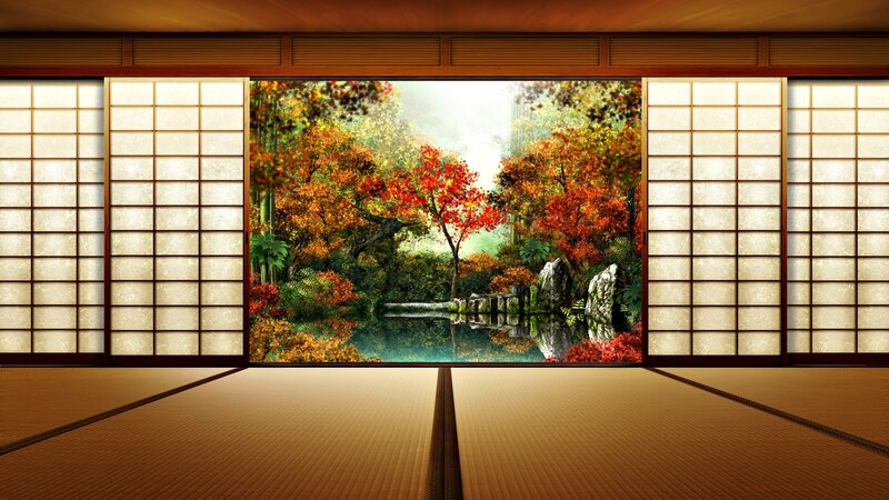 Japanese room with autumn garden