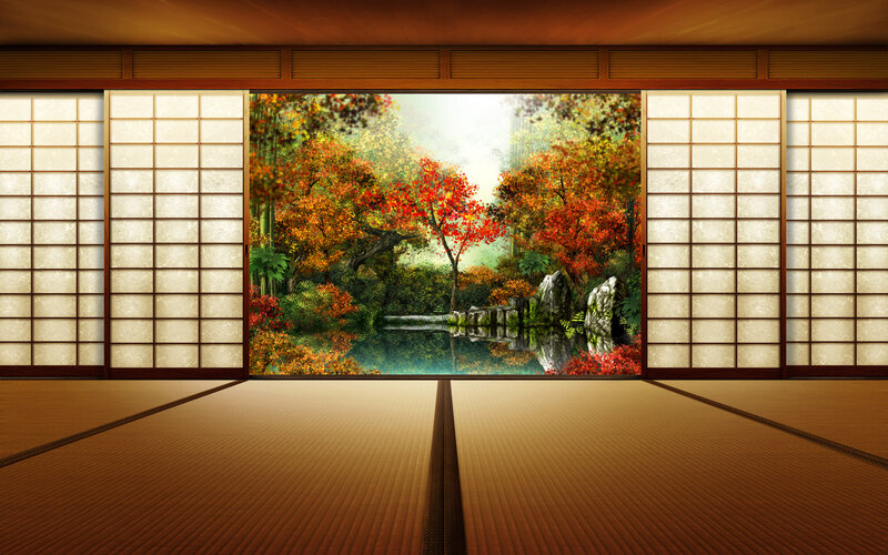 Japanese room with autumn garden