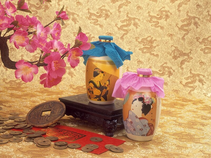 Japanese sake bottles with cherry blossoms