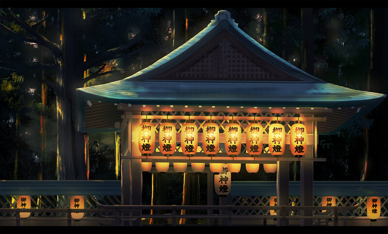 Japanese Shrine at Night — Black