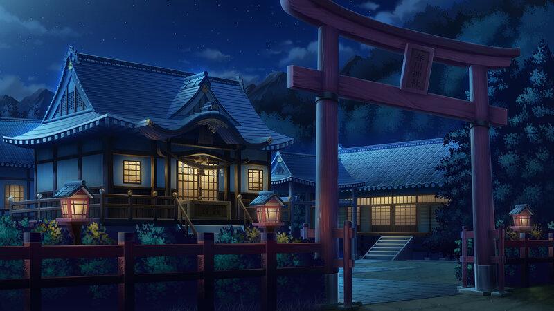 Japanese Shrine at Night — Blue, Serene, Digital Art, Torii Gate