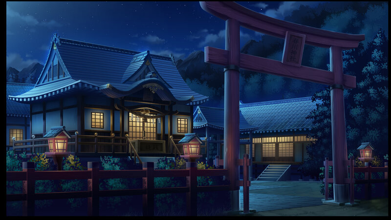 Japanese Shrine at Night — Blue, Serene
