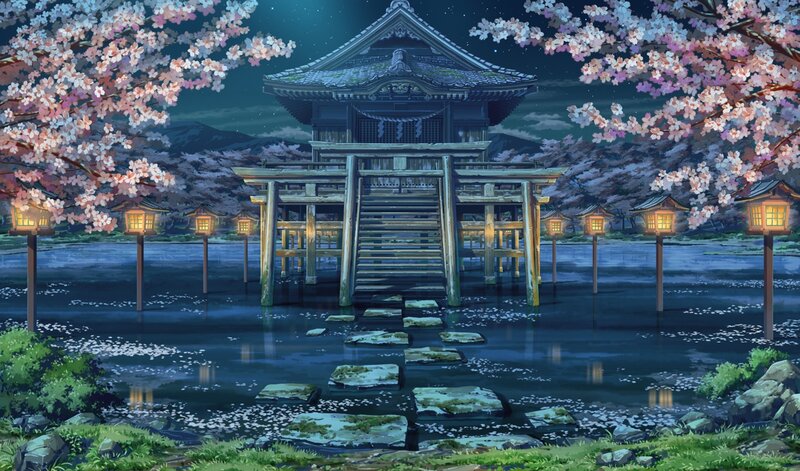 Japanese Shrine at Night — Blue