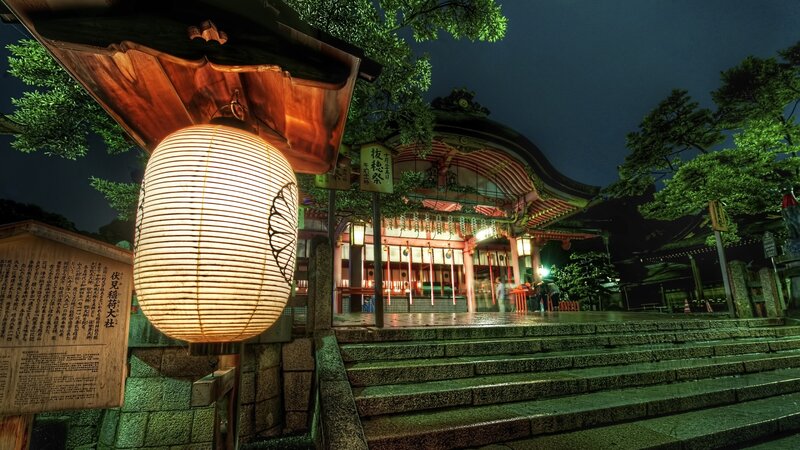 Japanese Shrine at Night — Green, Serene