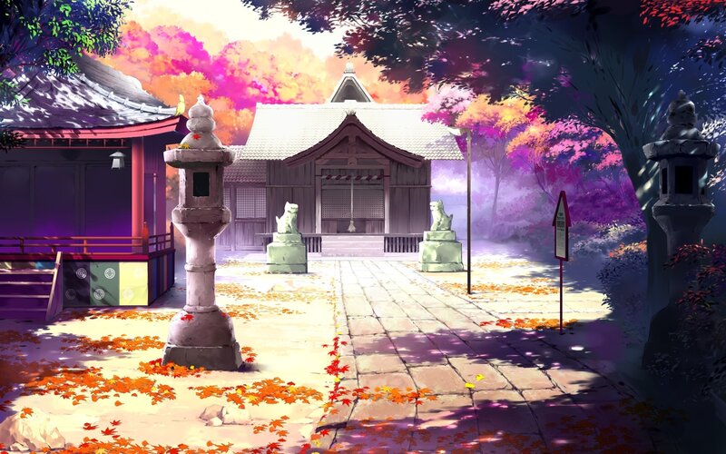 Japanese Shrine in Autumn — Orange, Serene, Digital Art