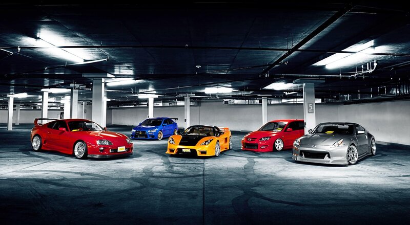 Japanese sports cars in garage