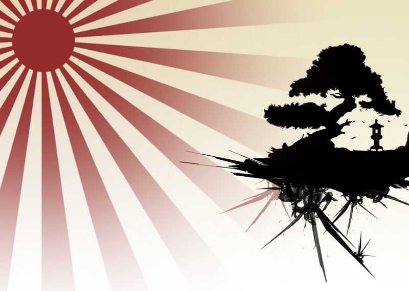 Japanese sun and bonsai silhouette