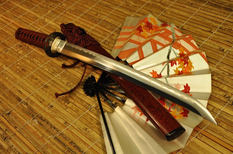 Japanese sword on bamboo mat